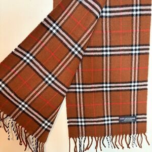 Men's 100% Cashmere Scarf Plaid Made in Scotland Brown Red White Black 68" x 12"